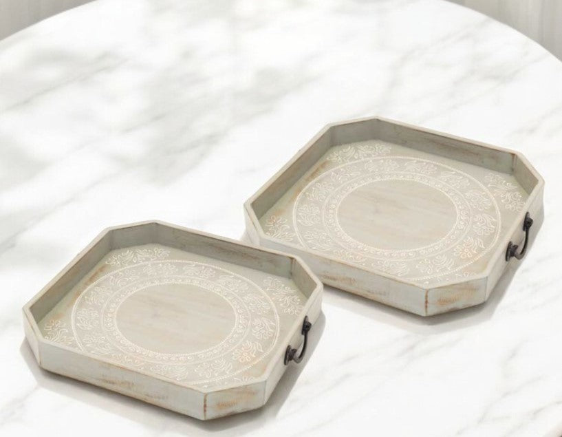 Set Of Two Gray and White Octagon Solid Wood Paisley Handmade Serving Tray With Handles By Homeroots | Trays & Pedestals | Modishstore - 8