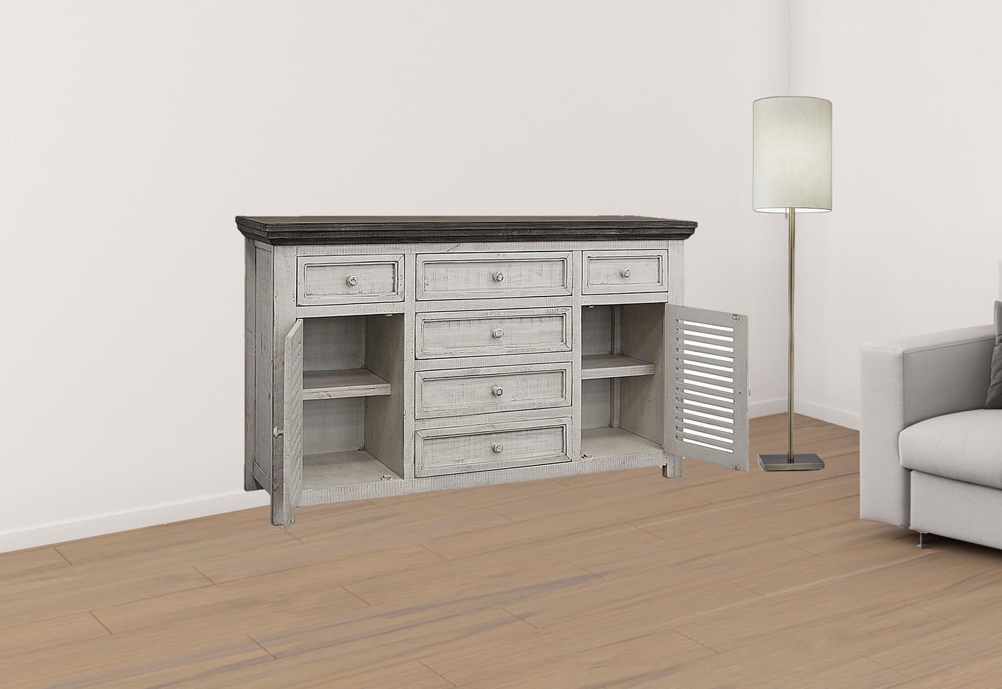 Antiqued White Solid and Manufactured Wood Distressed Buffet Table By Homeroots | Sideboards | Modishstore - 5