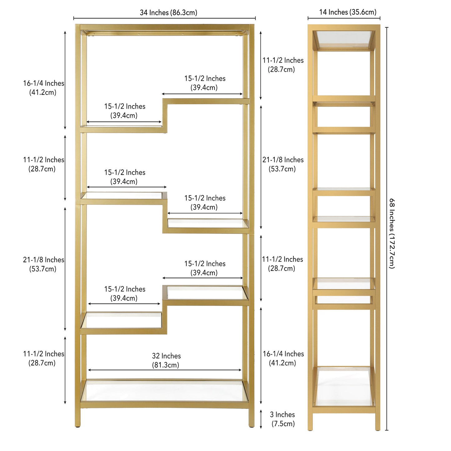 Gold Metal and Glass Seven Tier Etagere Bookcase By Homeroots | Bookcases | Modishstore - 8
