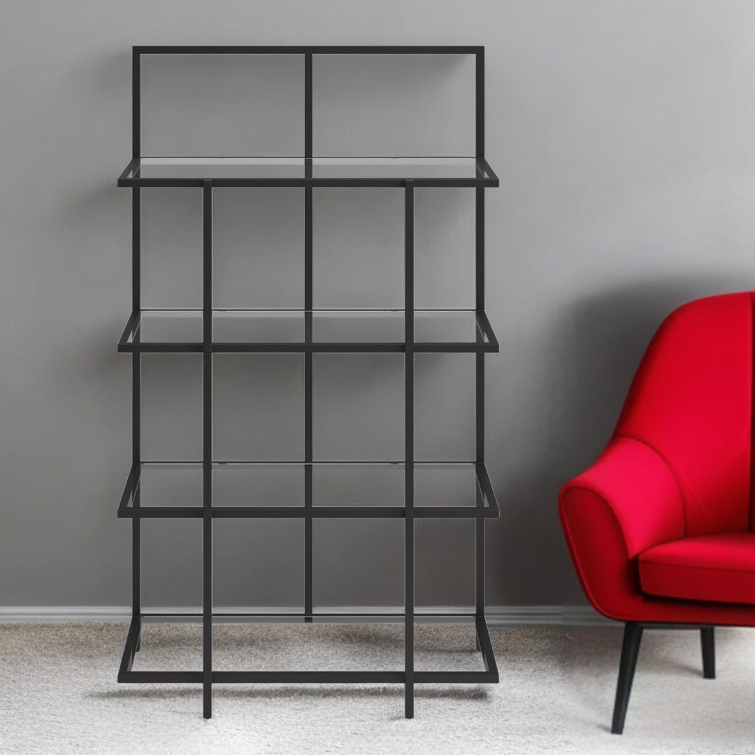 Black Metal And Glass Four Tier Etagere Bookcase By Homeroots | Bookcases | Modishstore - 7