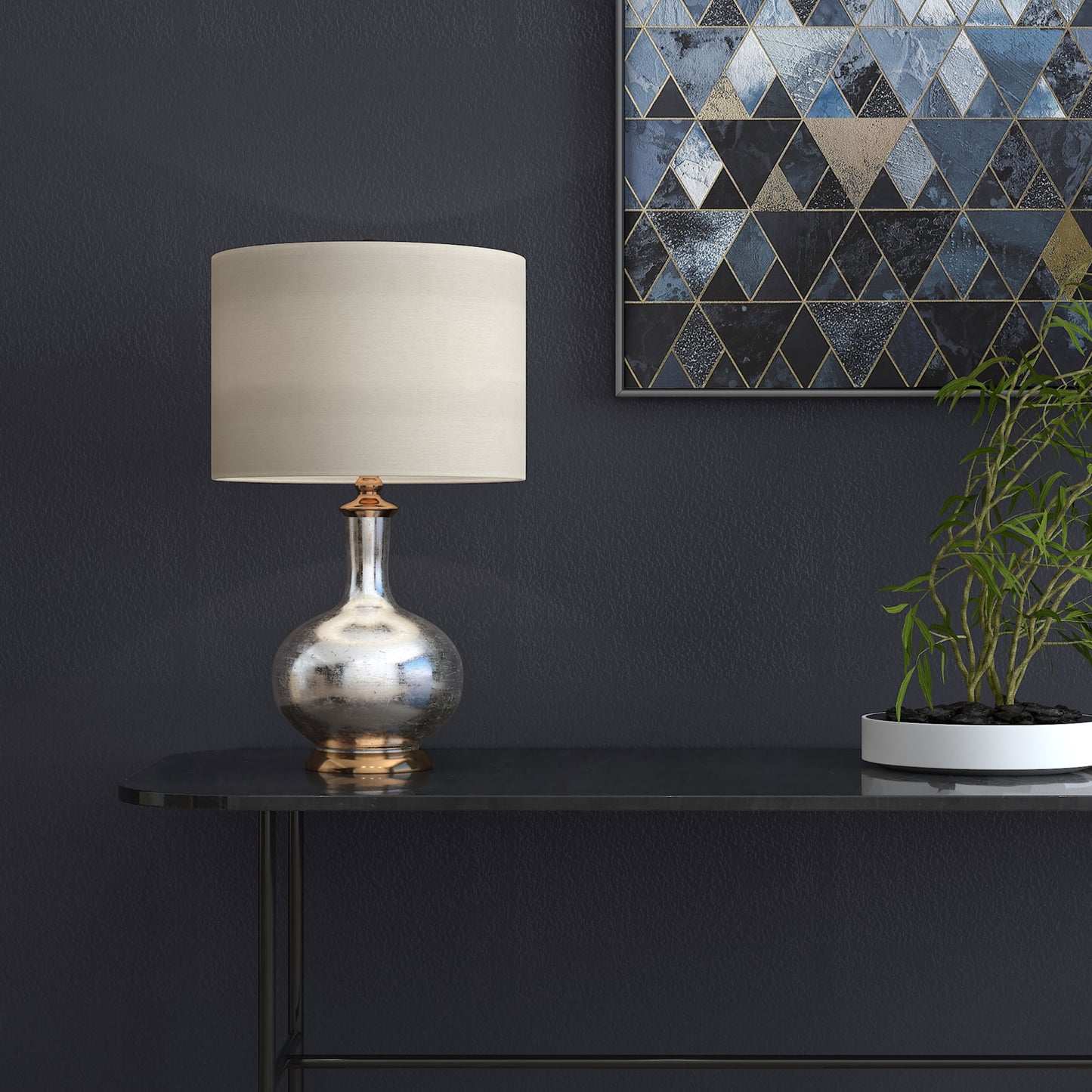 Silver Metallic Glass LED Table Lamp With Ivory Drum Shade By Homeroots | Table Lamps | Modishstore - 8