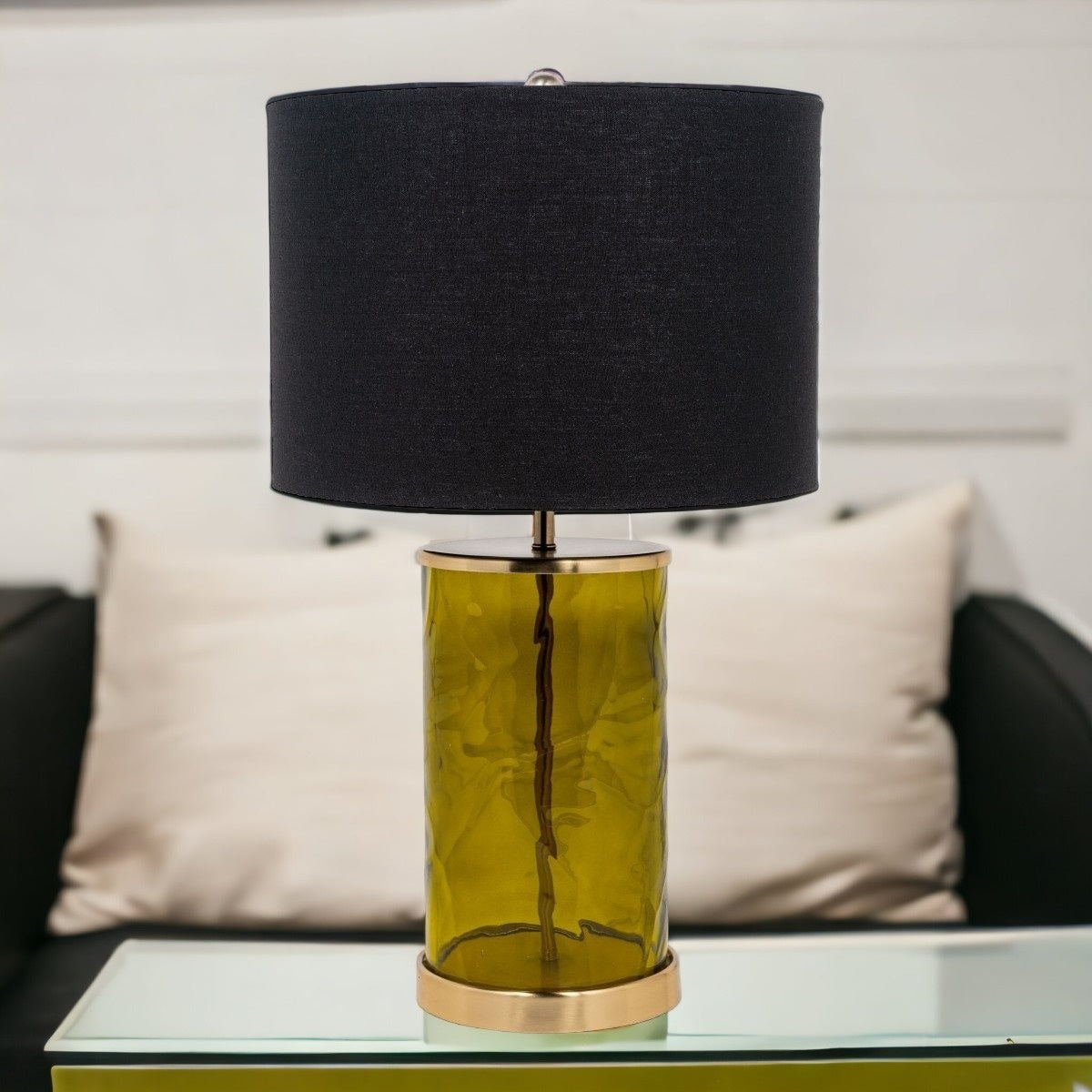 Green Glass LED Table Lamp With Black Drum Shade By Homeroots | Table Lamps | Modishstore - 7