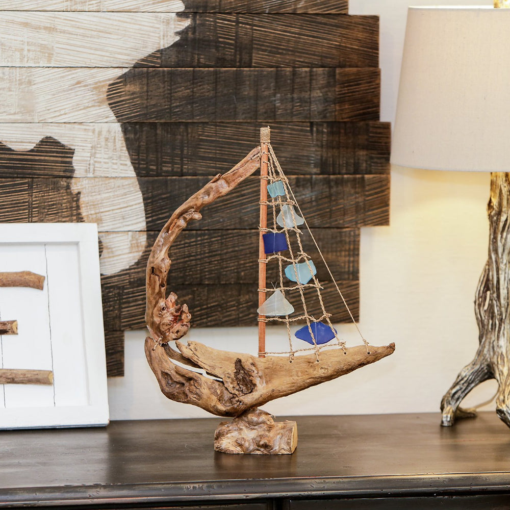 Driftwood Boat with Recycled Glass - Large Set of 4 By Garden Age Supply
