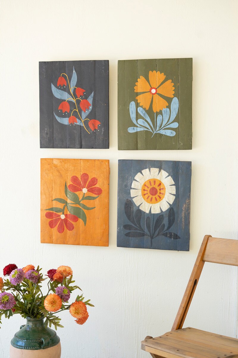 Set Of Four Hand Painted Florals On Recycled Wood Panels By Kalalou
