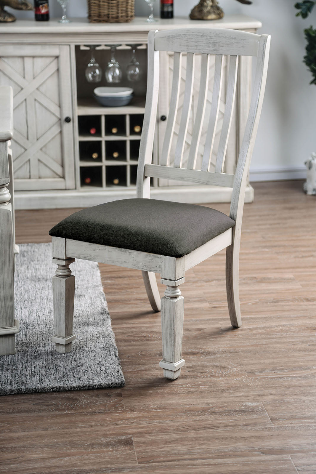 Wooden Side Chair with Fabric Upholstered Padded Seat, Pack of Two, Antique White and Gray By Benzara | Side Chairs | Modishstore