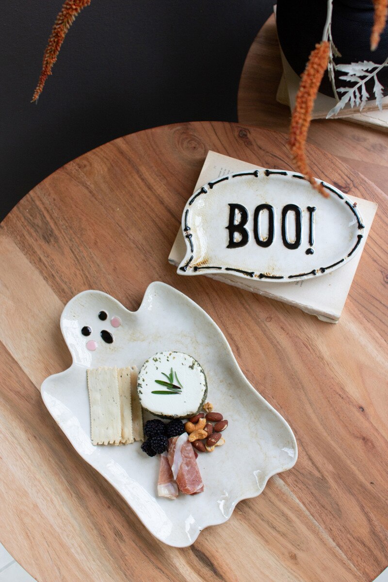 Set Of Two "Boo" Ghost Ceramic Serving Platters (Min 2) By Kalalou | Trays | Modishstore - 6