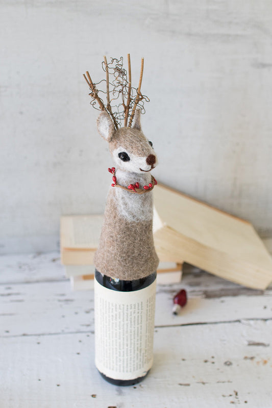 Felt Deer Christmas Wine Topper (Min 4) By Kalalou | Wine & Bar Accessories | Modishstore