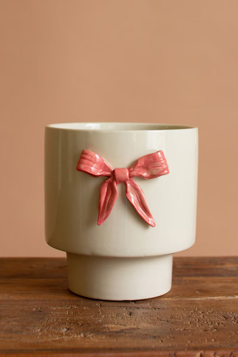 Ceramic Flower Pot With Pink Bow (Min 2) By Kalalou