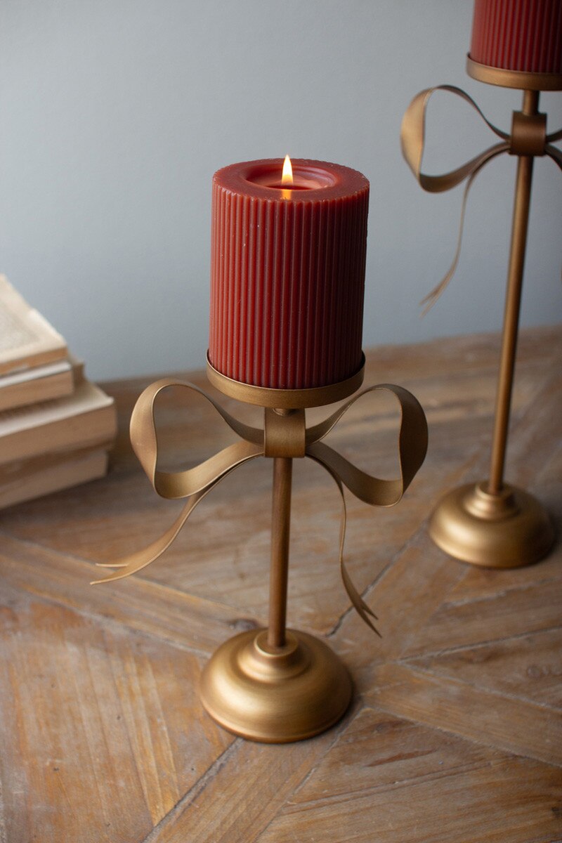 Set Of Three Antique Brass Pillar Candle Stands -Bow Detail By Kalalou