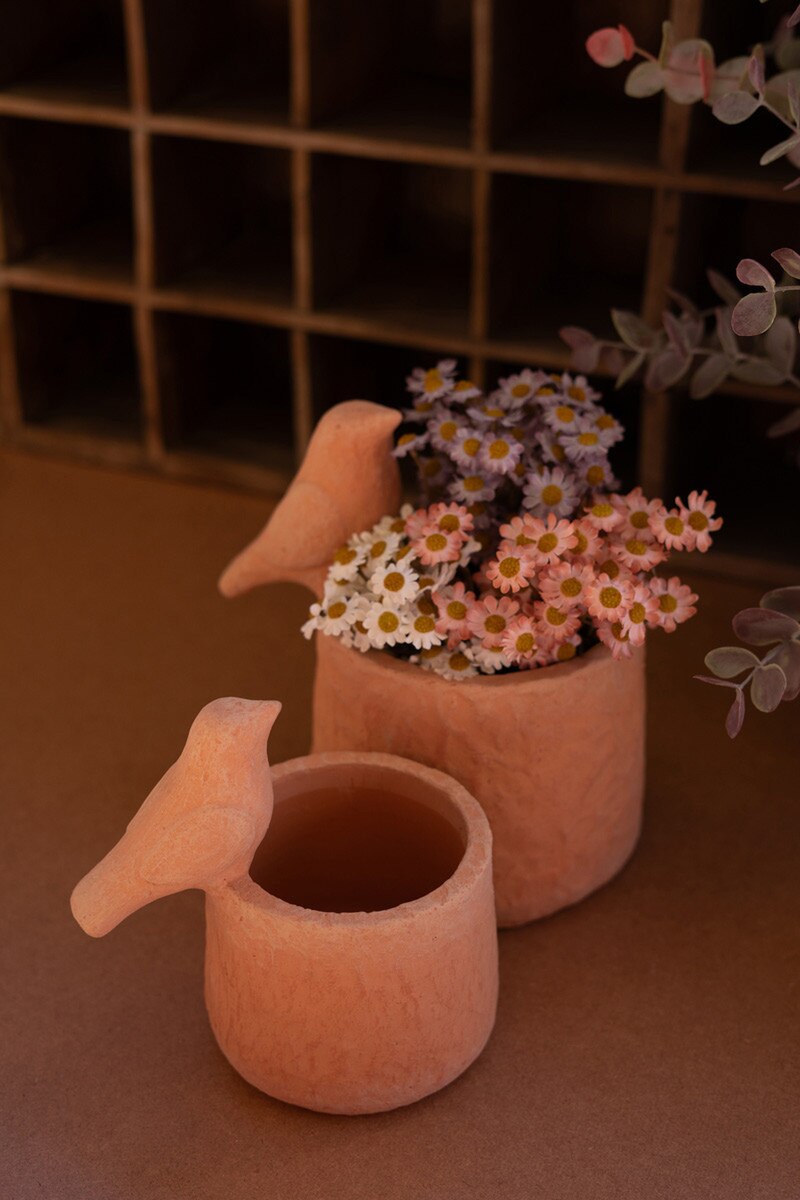 Set Of Two Concrete Planters With Birds - Terracotta (Min 2) By Kalalou
