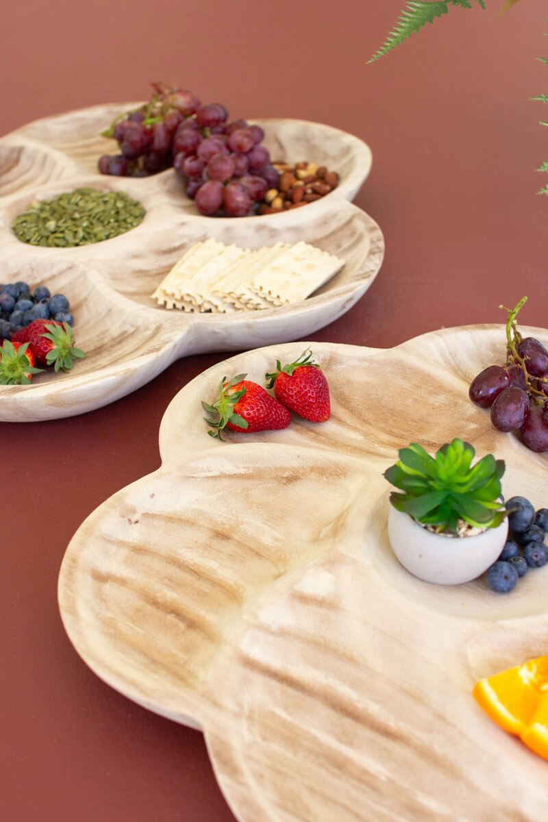 Set Of Two Carved Wood Flower Petal Platters (Min 2) By Kalalou | Trays | Modishstore - 4