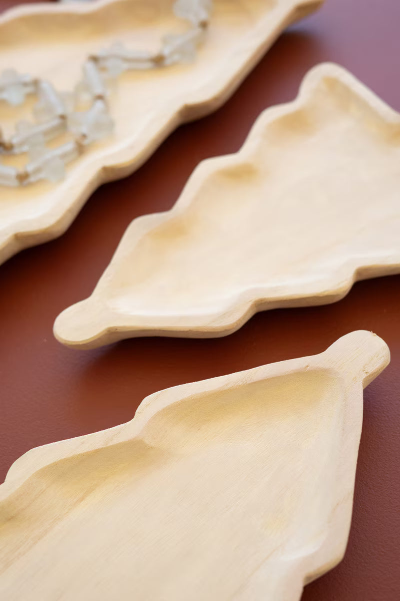 Set Of Three Carved Wood Christmas Tree Platters By Kalalou