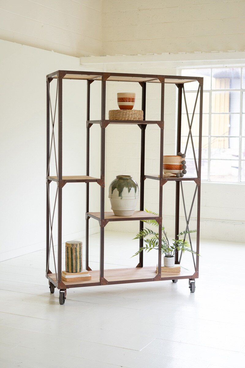 Iron And Wood Display Alternating Shelves And Iron Casters By Kalalou | Shelves & Shelving Units | Modishstore - 5