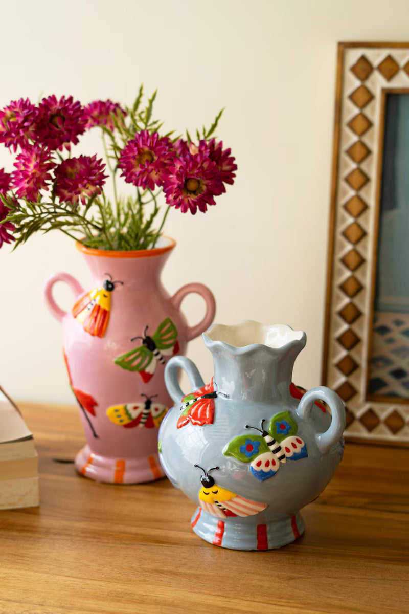 Set Of Two Ceramic Butterfly And Moth Vases By Kalalou
