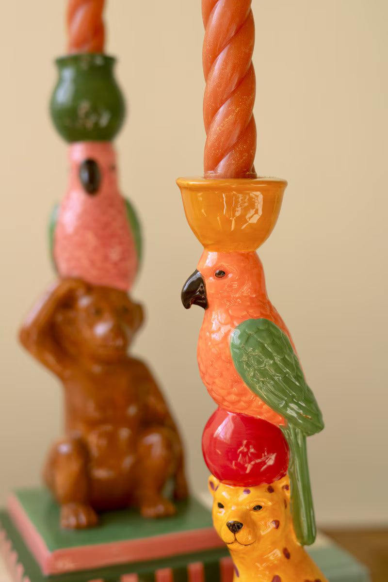 Set Of Two Ceramic Cheetah And Monkey Taper Candle Holders By Kalalou