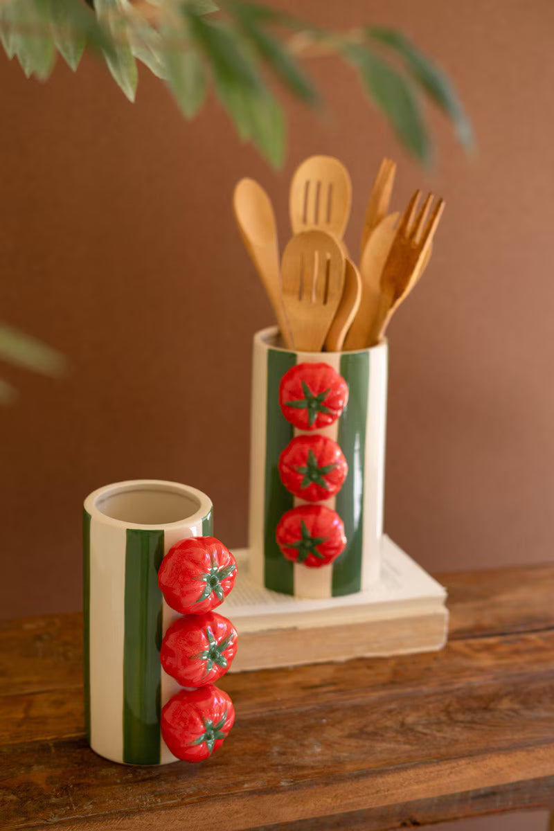 Set Of Two Ceramic Green Striped Vases With Tomatoes By Kalalou