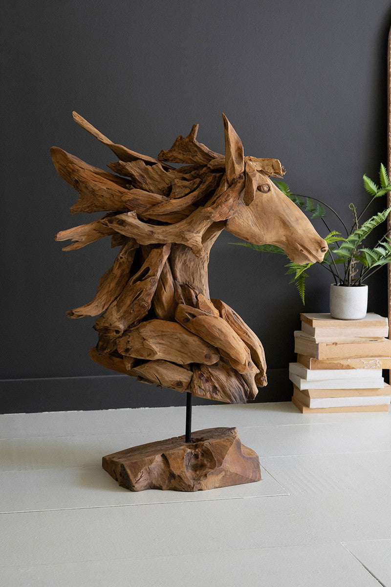Teakwood Horse Head Sculpture With Iron Base By Kalalou | Sculptures | Modishstore - 3