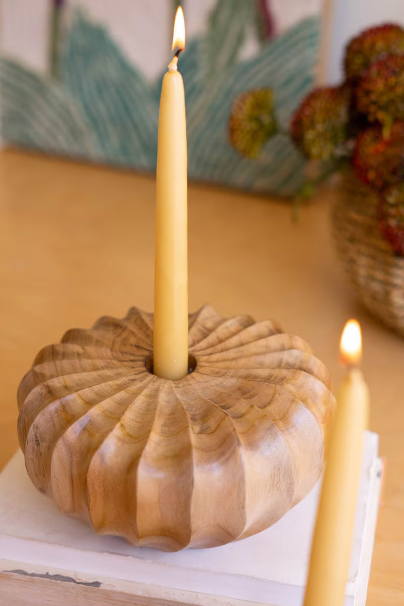 Set Of Two Carved Teakwood Taper Candle Holders By Kalalou