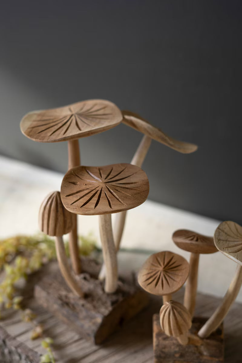 Set Of Two Hand-Carved Teak Wood Mushroom Clusters By Kalalou