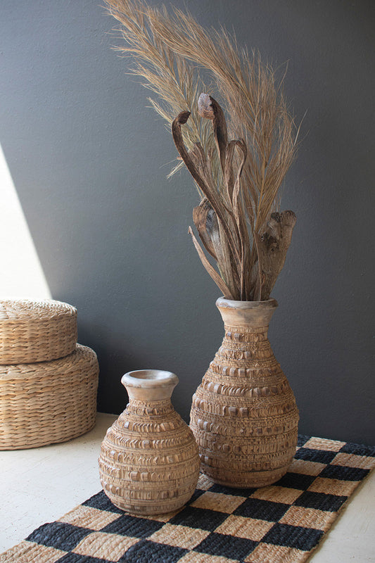 Set Of Two Carved Wooden Vases By Kalalou | Vases | Modishstore