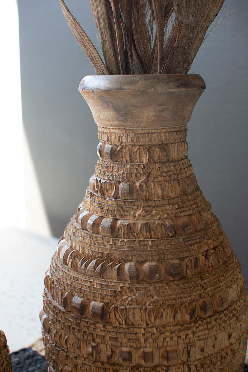 Set Of Two Carved Wooden Vases By Kalalou | Vases | Modishstore - 2