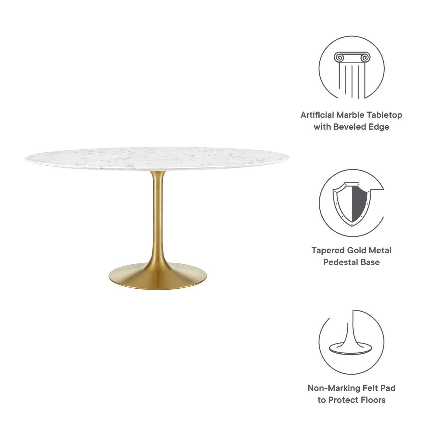 Modway Lippa 60" Round Artificial Marble Dining Table in Gold White - EEI-3234