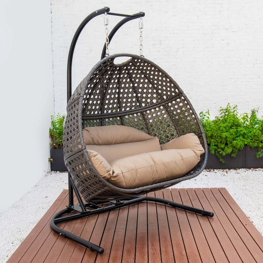 LeisureMod Wicker Hanging Double Egg Swing Chair  - EKDCH-57BR | Outdoor Porch Swings | Modishstore