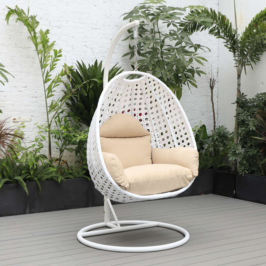 LeisureMod White Wicker Hanging Egg Swing Chair | Outdoor Porch Swings | Modishstore