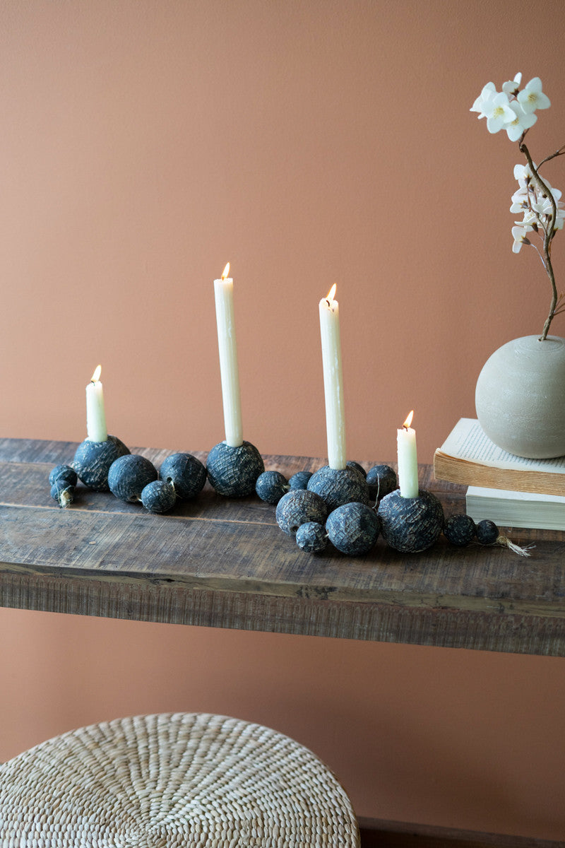 Black Tabletop Clay Beads Taper Holder By Kalalou | Candle Holders | Modishstore - 3