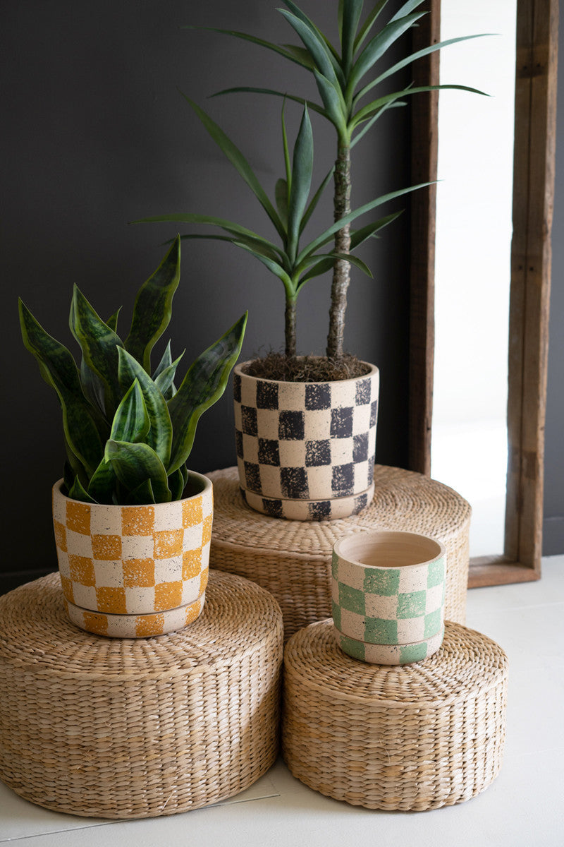 small basket plant pots Checkered Clay Planters With Trays