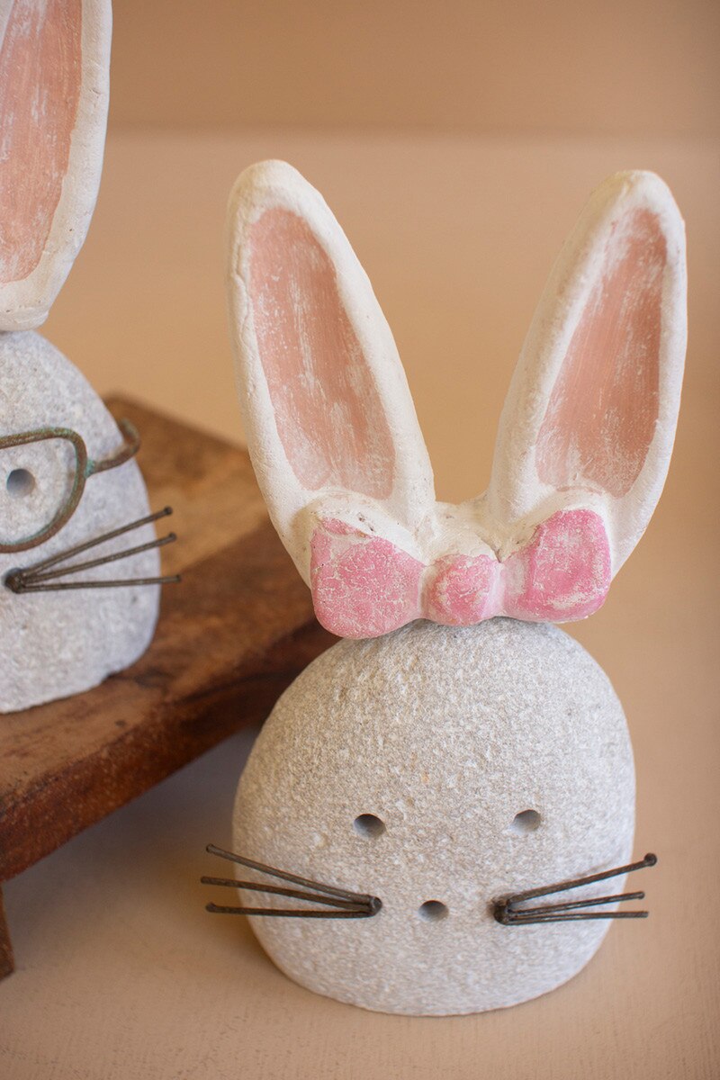 Set Of Two White-Wash Clay And River Rock Bunnies By Kalalou