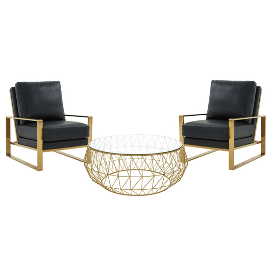 LeisureMod Jefferson Modern Leather Armchair with Gold Frame and Round Coffee Table with Glass Top and Metal Base | Armchairs | Modishstore