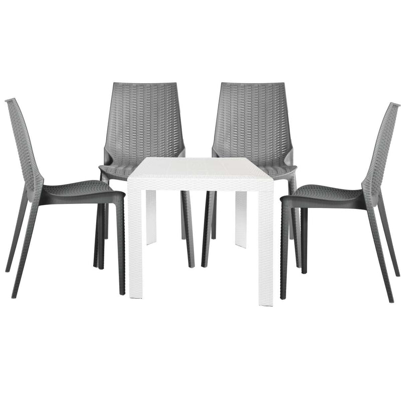 LeisureMod Kent 5-Piece Outdoor Dining Set with Plastic Square Table and 4 Stackable Chairs with Weave Design | Outdoor Dining Sets | Modishstore - 27