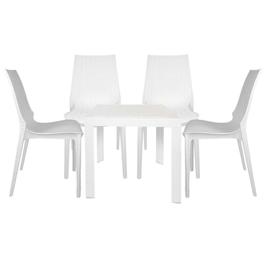 LeisureMod Kent 5-Piece Outdoor Dining Set with Plastic Square Table and 4 Stackable Chairs with Weave Design | Outdoor Dining Sets | Modishstore