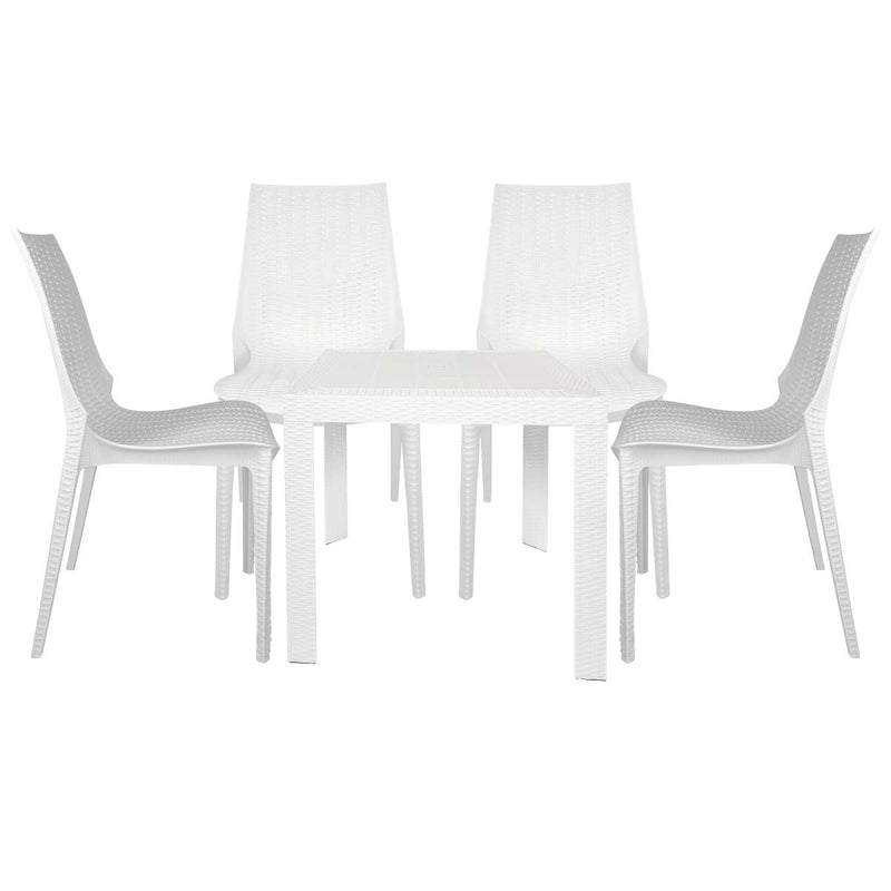 LeisureMod Kent 5-Piece Outdoor Dining Set with Plastic Square Table and 4 Stackable Chairs with Weave Design | Outdoor Dining Sets | Modishstore