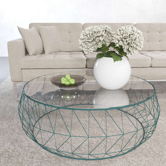 LeisureMod Malibu Modern Round Glass Top Coffee Table With Metal Base | Coffee Tables | Modishstore