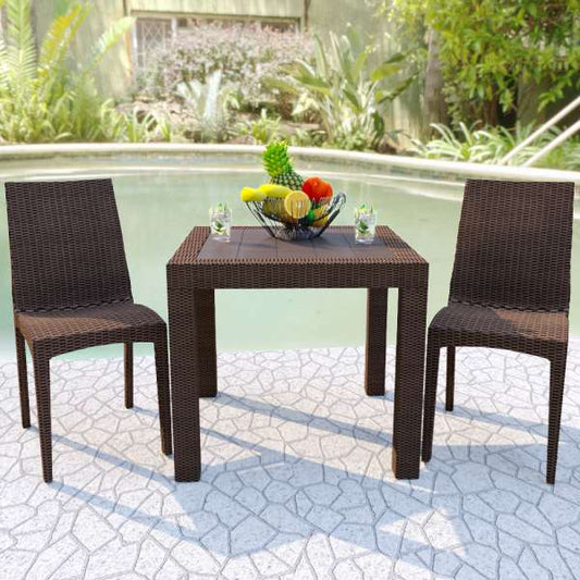 LeisureMod Mace 3-Piece Outdoor Dining Set with Plastic Square Table and 2 Stackable Chairs with Weave Design | Outdoor Dining Sets | Modishstore