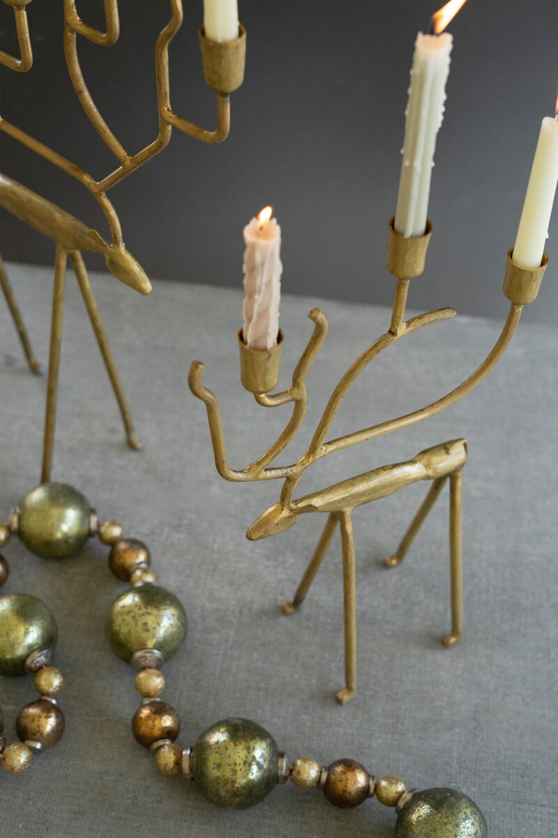 Set Of Two Antique Gold Forged Christmas Deer Candelabras By Kalalou