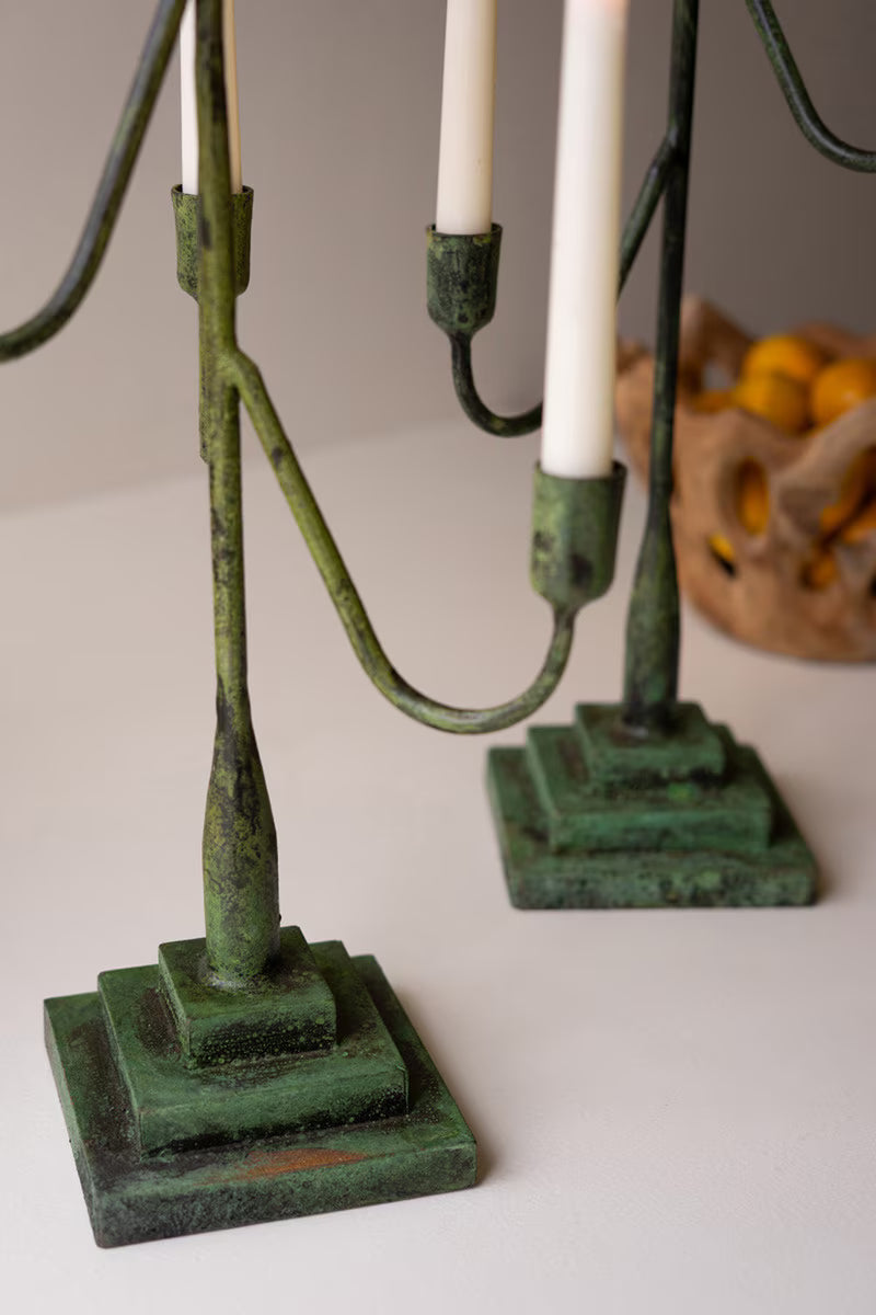 Set Of Two Taper Candelabras - Green Patina By Kalalou