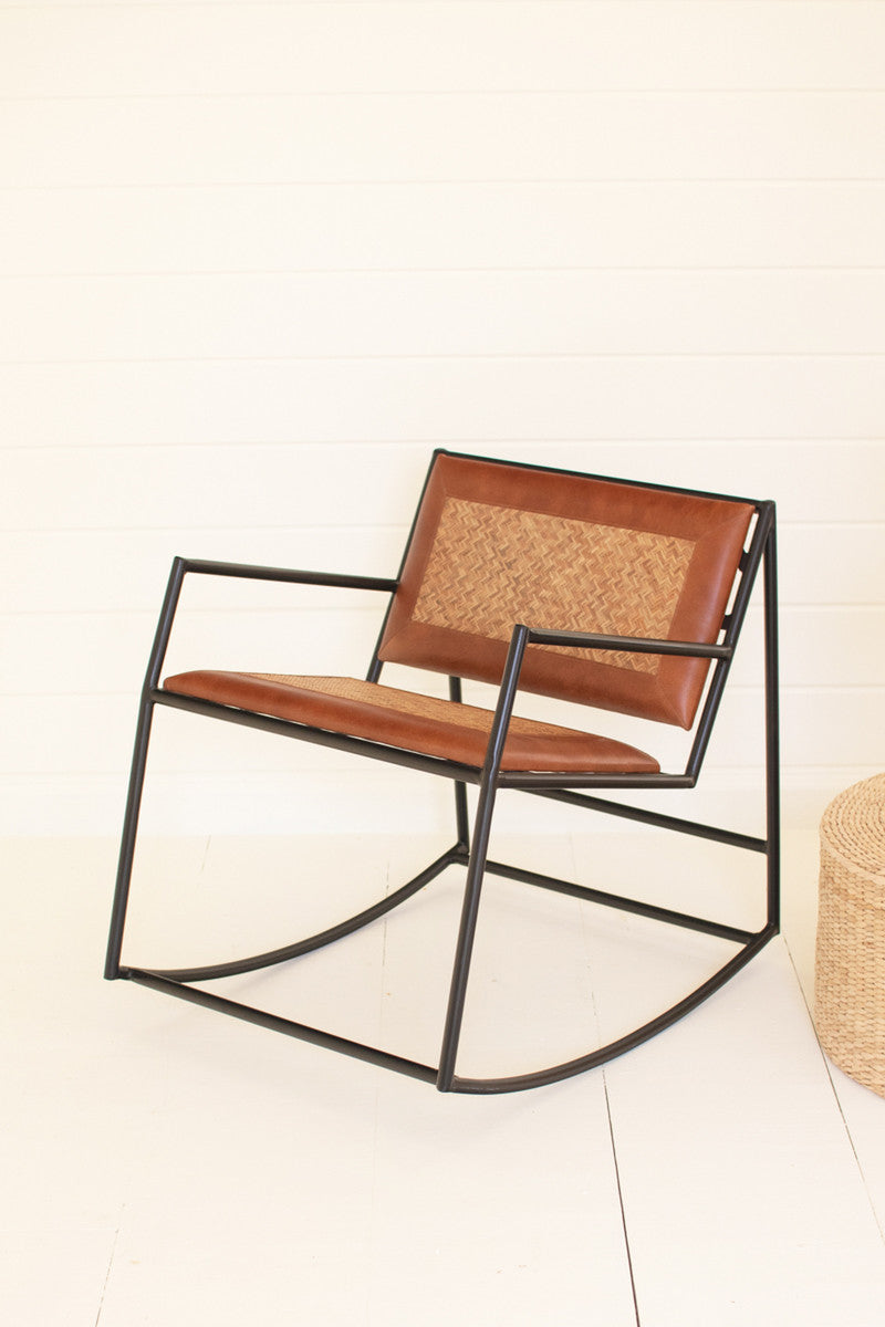Rocking Iron Chair With Leather And Woven Cane By Kalalou | Rocking Chairs | Modishstore - 4