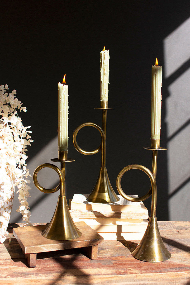 Antique Brass Trumpet Taper Candle Holders Set Of 3 By Kalalou
