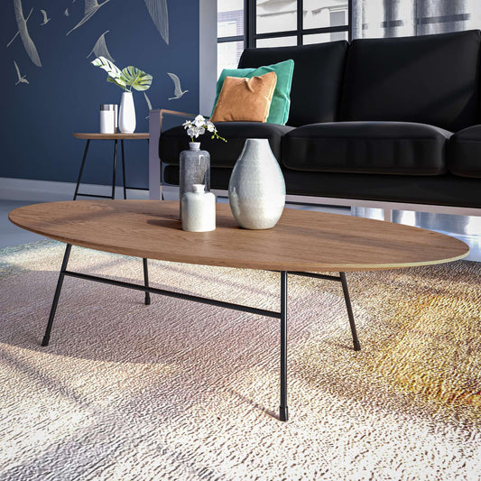 LeisureMod Rossmore Oval Coffee Table with Ash Veneer Top and Black Powder Coated Steel Frame | Coffee Tables | Modishstore