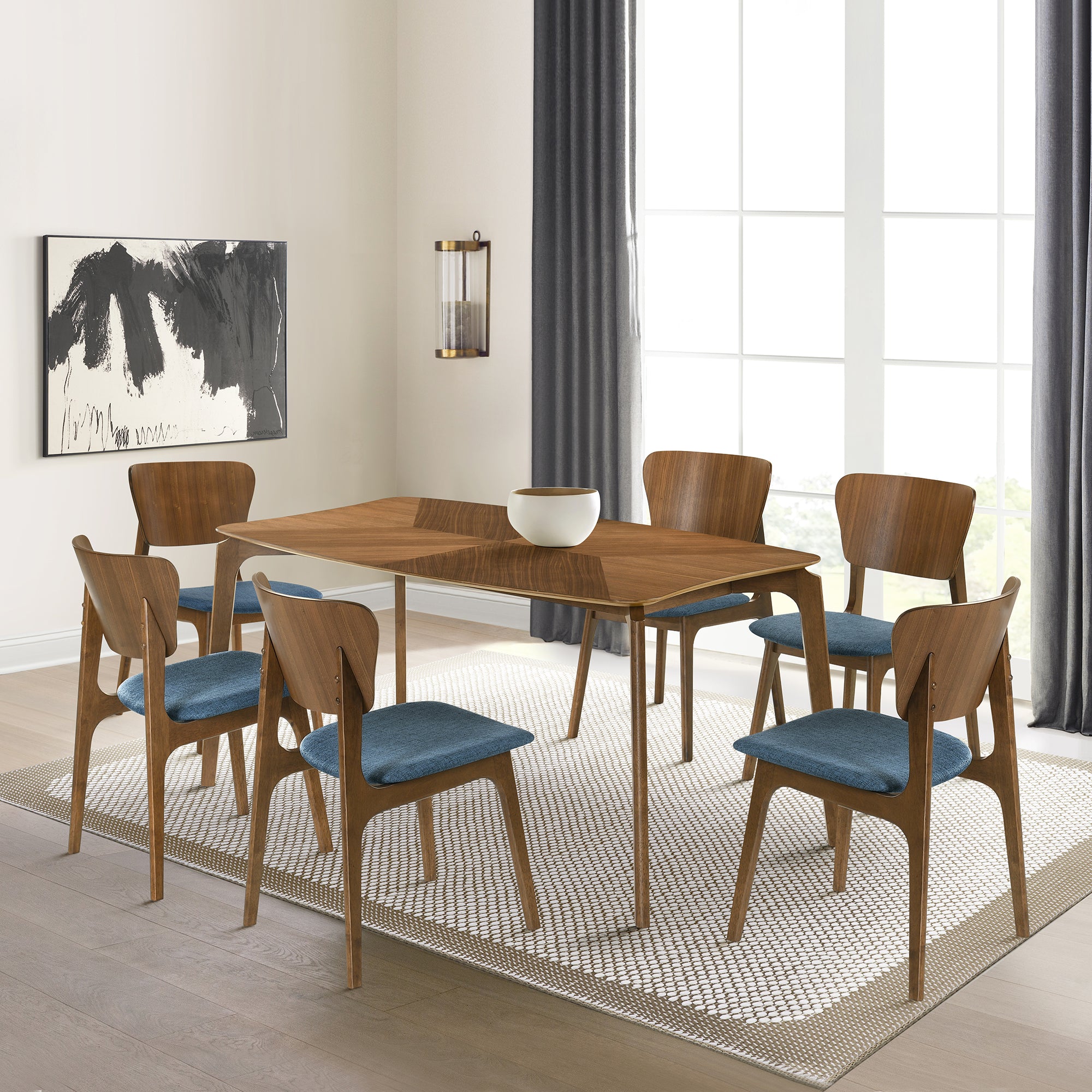 Kalia 7 Piece Wood Dining Set in Walnut Finish with Blue Fabric By Arm ...