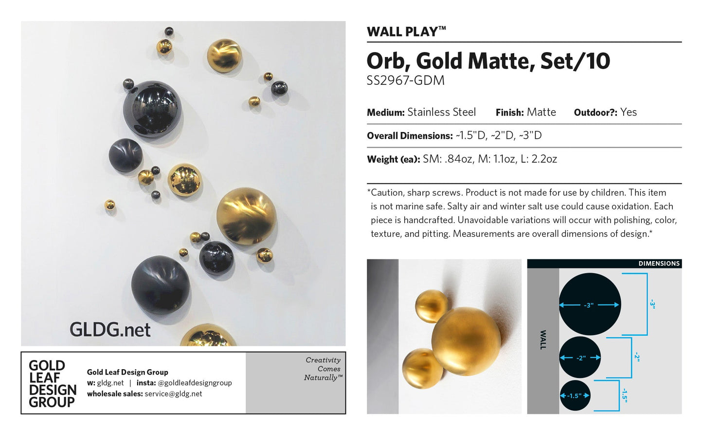 Wall Play™: Orb, Gold Matte, Set/10 By Gold Leaf | Wall Art | Modishstore - 10