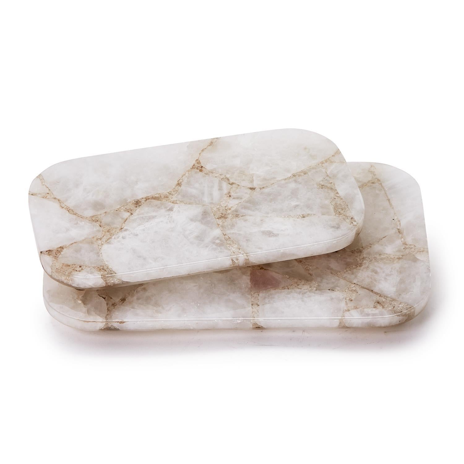 White Quartz Round Edge w Silver Feet Tray Set Of 4 By Tozai Home