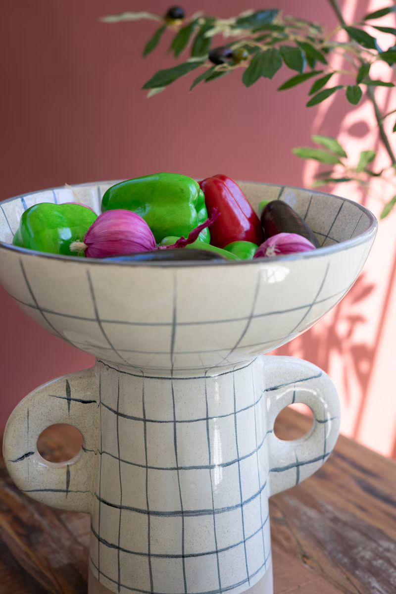 Ceramic Grid Design Compote With Handles By Kalalou | Outdoor Planters, Troughs & Cachepots | Modishstore - 3