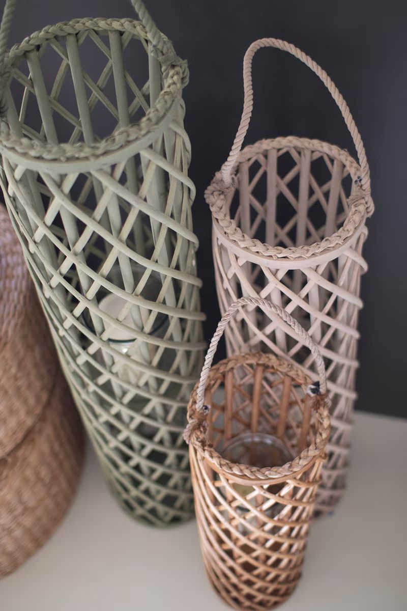 Set Of Three Willow Lanterns With Glass Inserts - One Each By Kalalou | Lanterns | Modishstore - 4