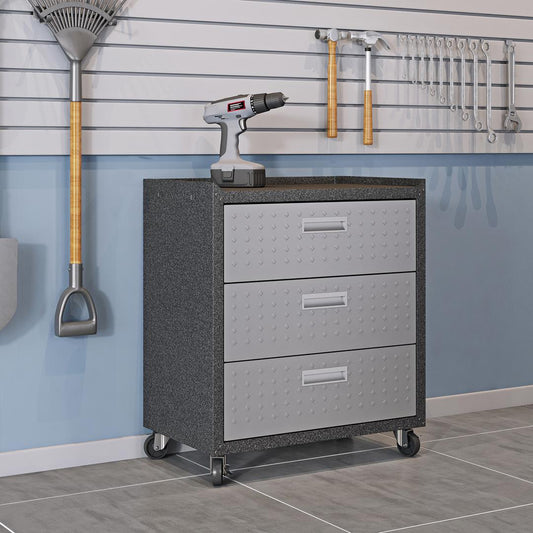Manhattan Comfort Fortress Textured Metal 31.5" Garage Mobile Chest with 3 Full Extension Drawers In Grey | Drawers | Modishstore
