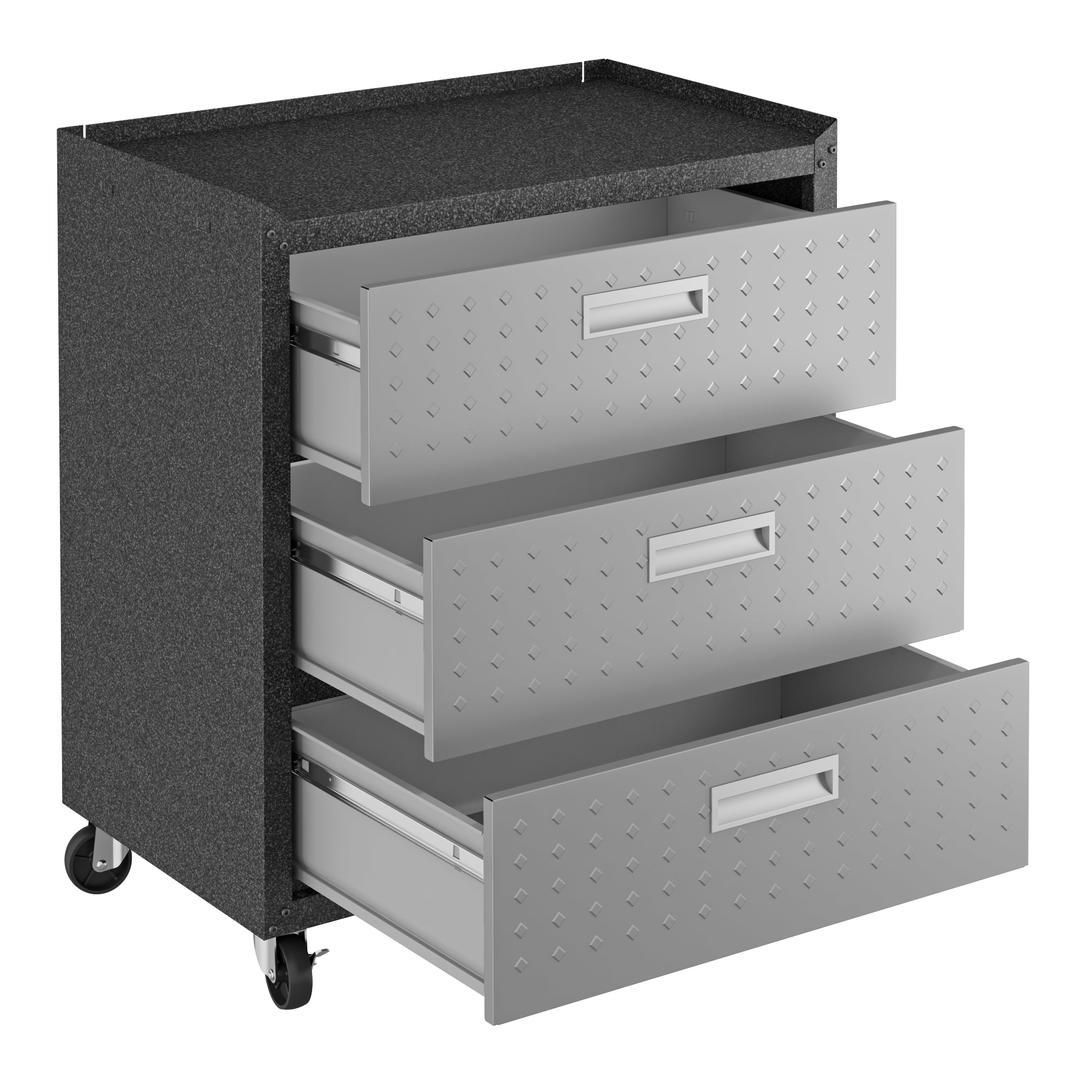 Manhattan Comfort Fortress Textured Metal 31.5" Garage Mobile Chest with 3 Full Extension Drawers In Grey | Drawers | Modishstore-3