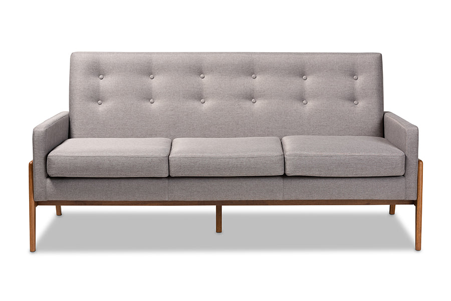 baxton studio perris mid century modern light grey fabric upholstered walnut finished wood sofa | Modish Furniture Store-3